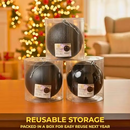 SHATCHI Set of 3 Black Shatterproof PVC Christmas Baubles, 20 cm Round Hanging Ornaments with Glossy, Matt and Glitter Finishes – 3