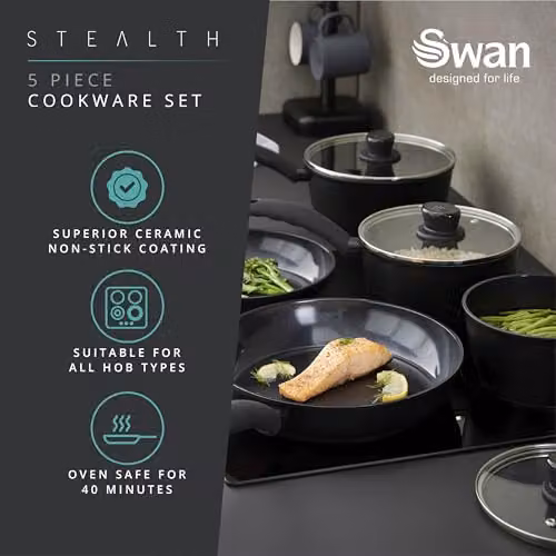 Swan Stealth 5 Piece Cookware Set in Black with Ceramic Coating, including Saucepans with Glass Lids and Frying Pans, Induction Compatible – 2