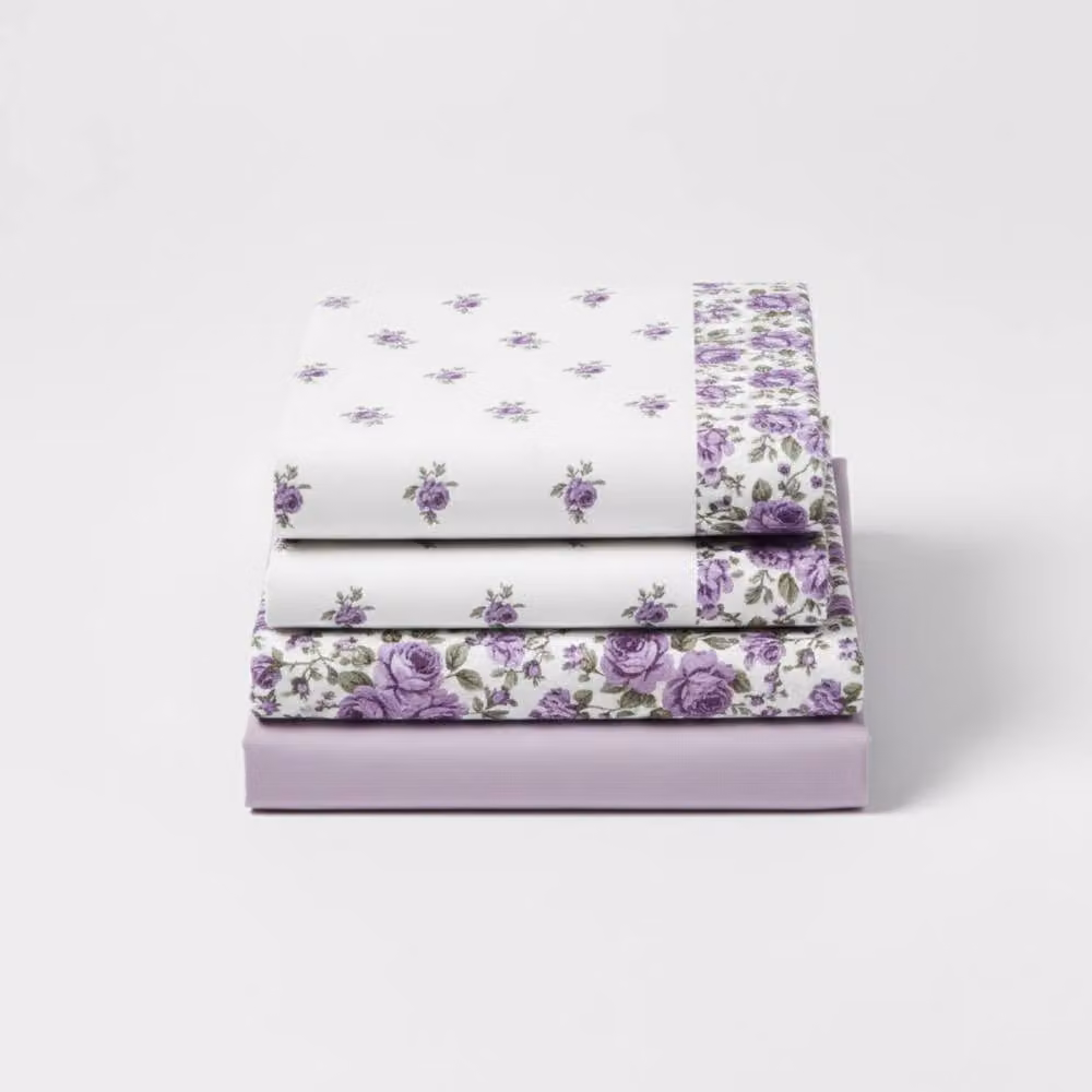 Snug City Purple Floral Print Brushed Cotton Flannelette Fitted Sheet and Matching Pillowcase, W/D/H: 180 x 200 cm – 2