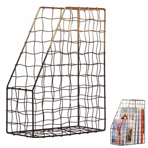 Premier Housewares Metallic Magazine Holder in Black or Gold, Modern Wall-Mounted or Freestanding Metal Storage Rack, W: 23.0 cm, D: 30.0 cm, H: 23.0 cm