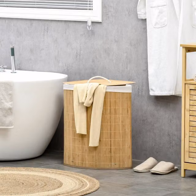 HOMCOM 55L Bamboo Corner Laundry Hamper with Lid and Removable Cotton Bag in Brown and Beige