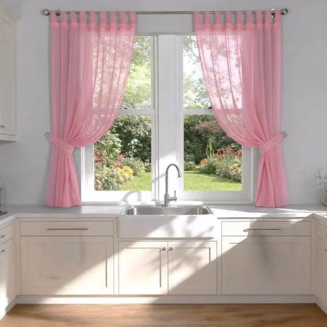 Luxury Living Pink Voile Tab Top Curtain Pair with Crystal Tie Backs, Width: 145 cm, Drop: 122 cm