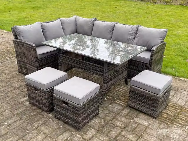 Fimous 9 Seater High Back Rattan Corner Sofa Set with Rectangular Dining Table and 3 Footstools in Dark Grey