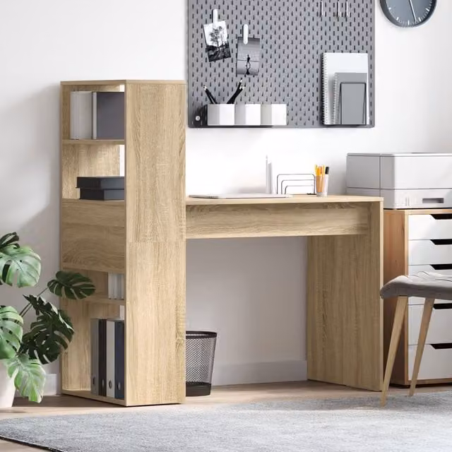 Berkfield Modern Writing Desk with Storage in Sonoma Oak and Beige, W/D/H: 113 x 54 x 120 cm – 1