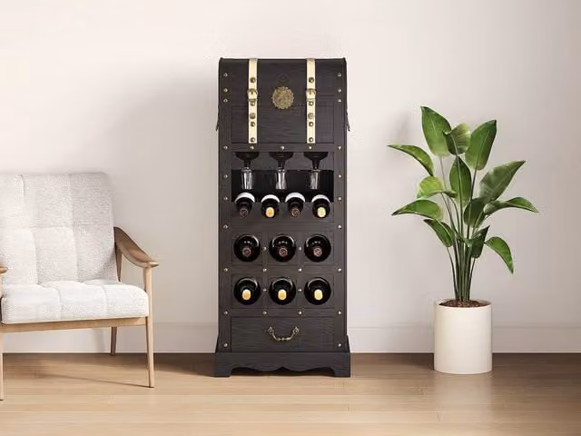 Vente-unique Rustic Wine Rack with Chest in Black Fir Wood and MDF, W: 43 cm, H: 100 cm