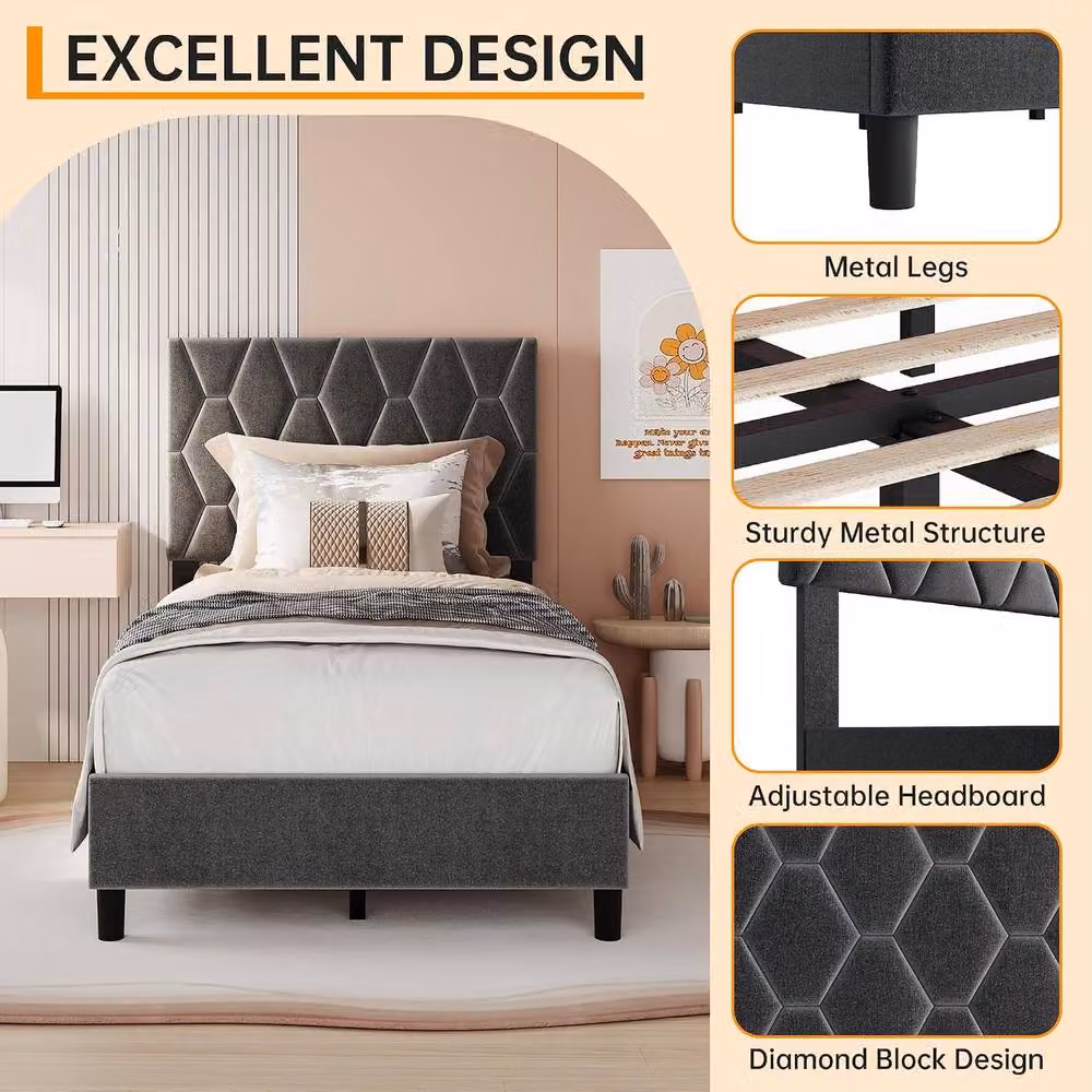 London Boutique Modern Single Platform Bed Frame with Upholstered Headboard in Grey – 4
