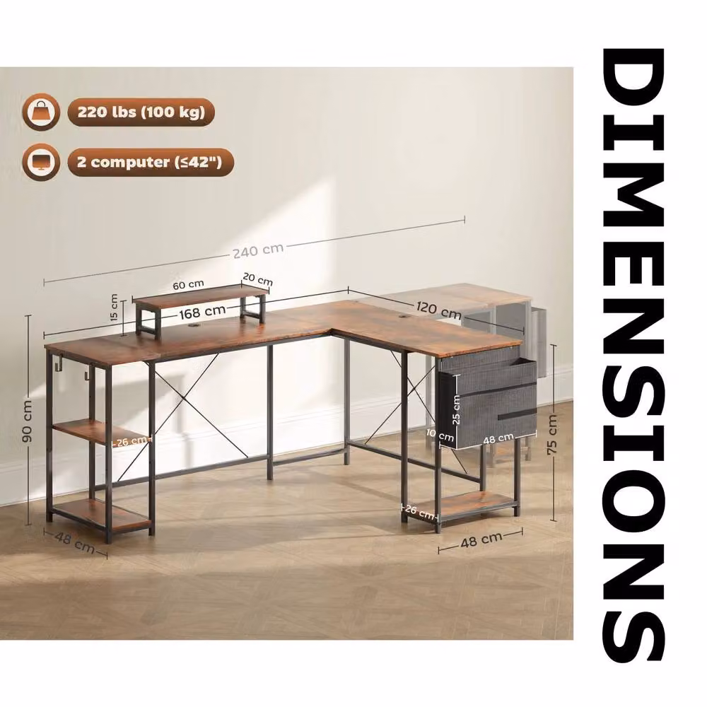 FURNOS Industrial L Shaped Corner Computer Desk in Brown, W/D/H: 168 x 120 x 76 cm – 7