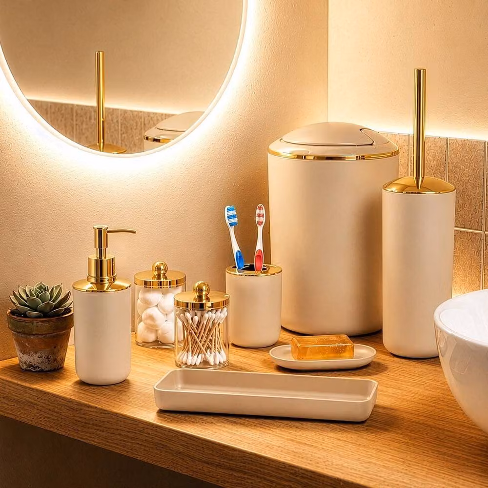 VOGREX Beige Bathroom Accessory Set with Soap Dispenser and Toilet Brush Organizer – 2