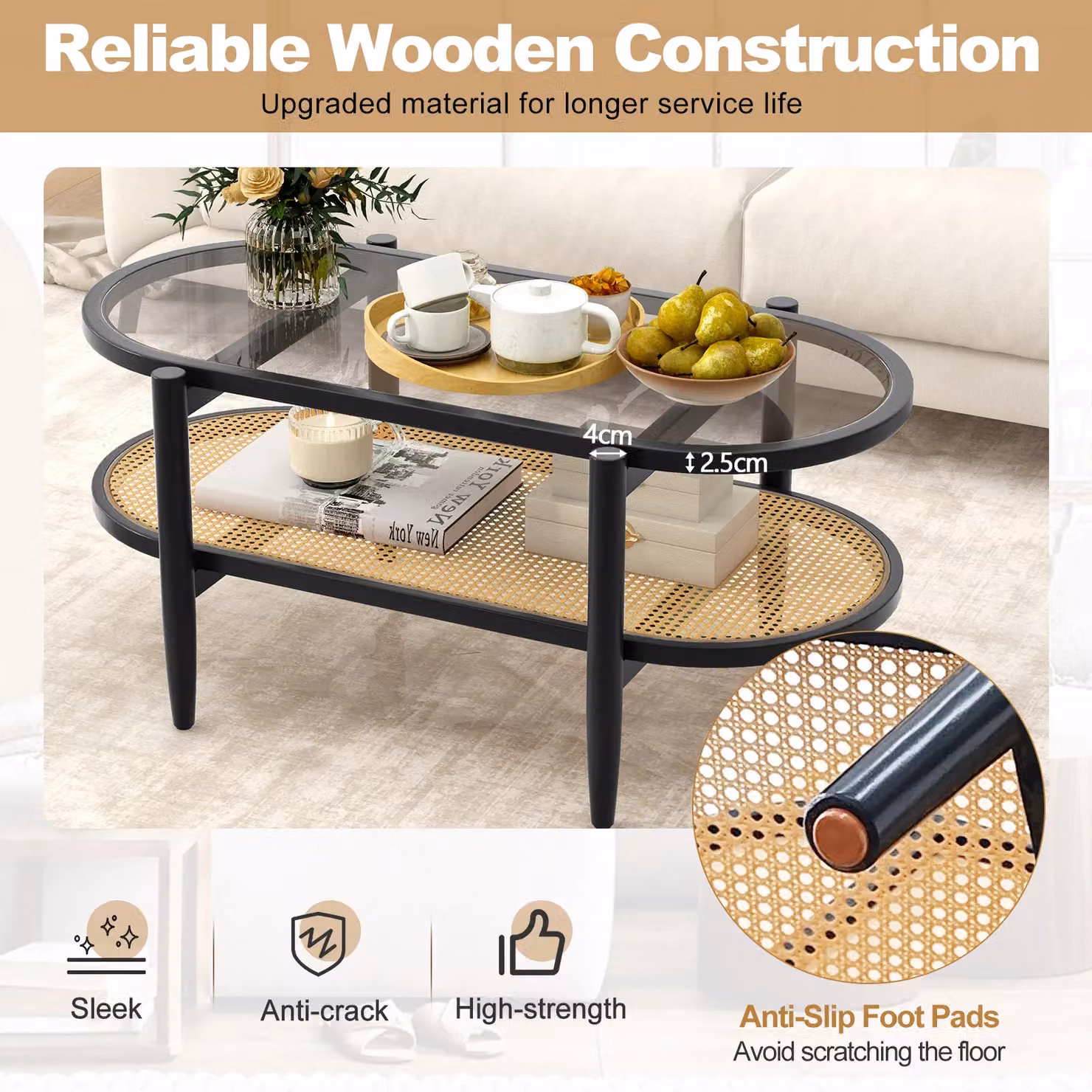 Gymax 2-Tier Oval Coffee Table with Acacia Wood and Glass Top in Black – 5