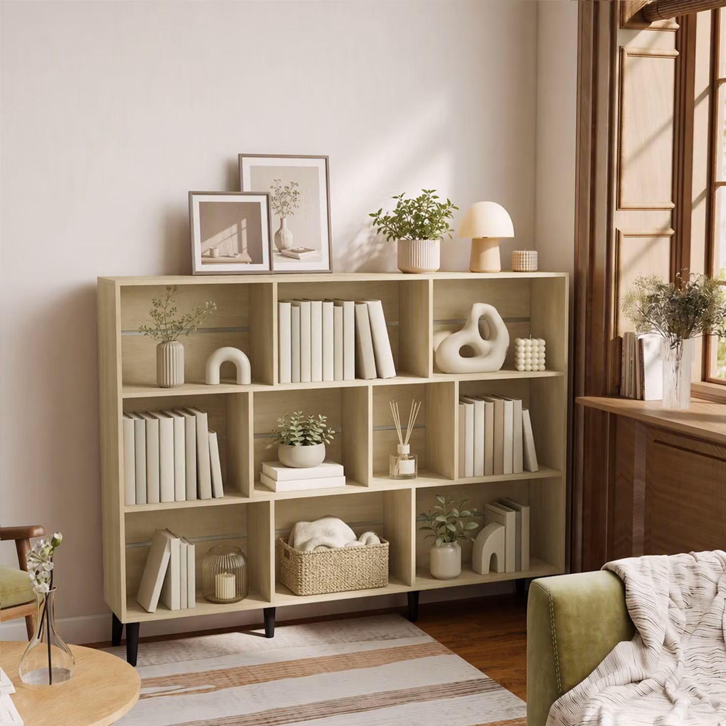 HOMCOM 10-Cube Modern 3-Tier Bookcase with Solid Wood Legs in Brown Oak, H 140 x W 107 x D 24 cm – 4