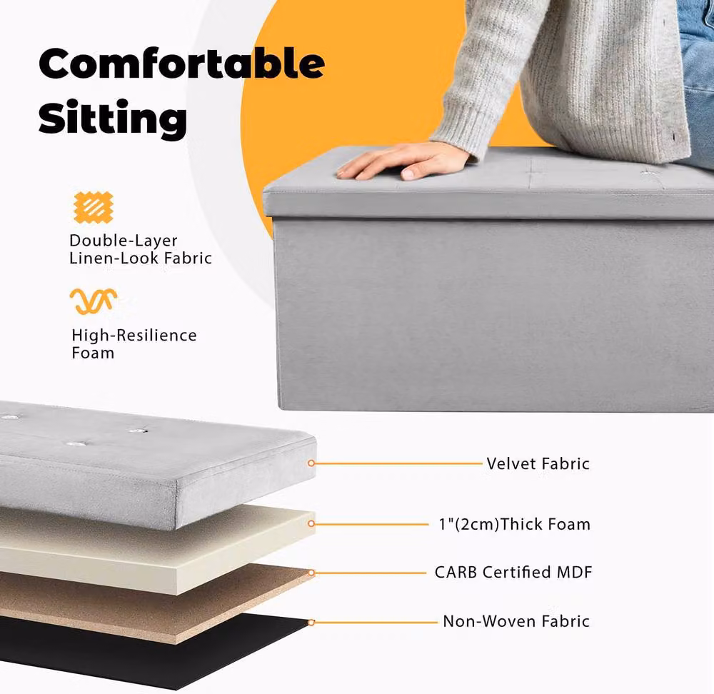 Simpa Extra Large Fold Flat Brushed Velvet Ottoman Storage in Light Grey, W: 110 cm, D: 38 cm, H: 37 cm – 4