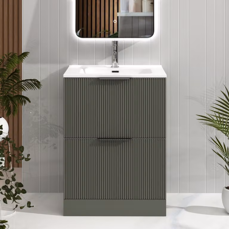 Royal Bathrooms Evora Sage Green Fluted Floor Standing Vanity Unit with 2 Drawers and Ceramic Basin