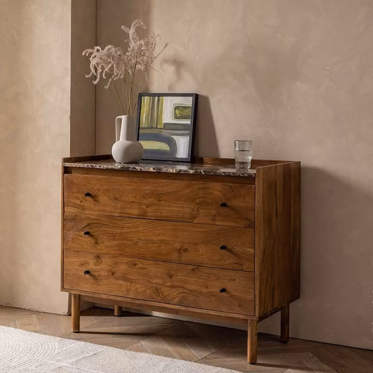 Atkin and Thyme Brera Mid-Century Acacia Wood and Marble Chest of Drawers in Brown
