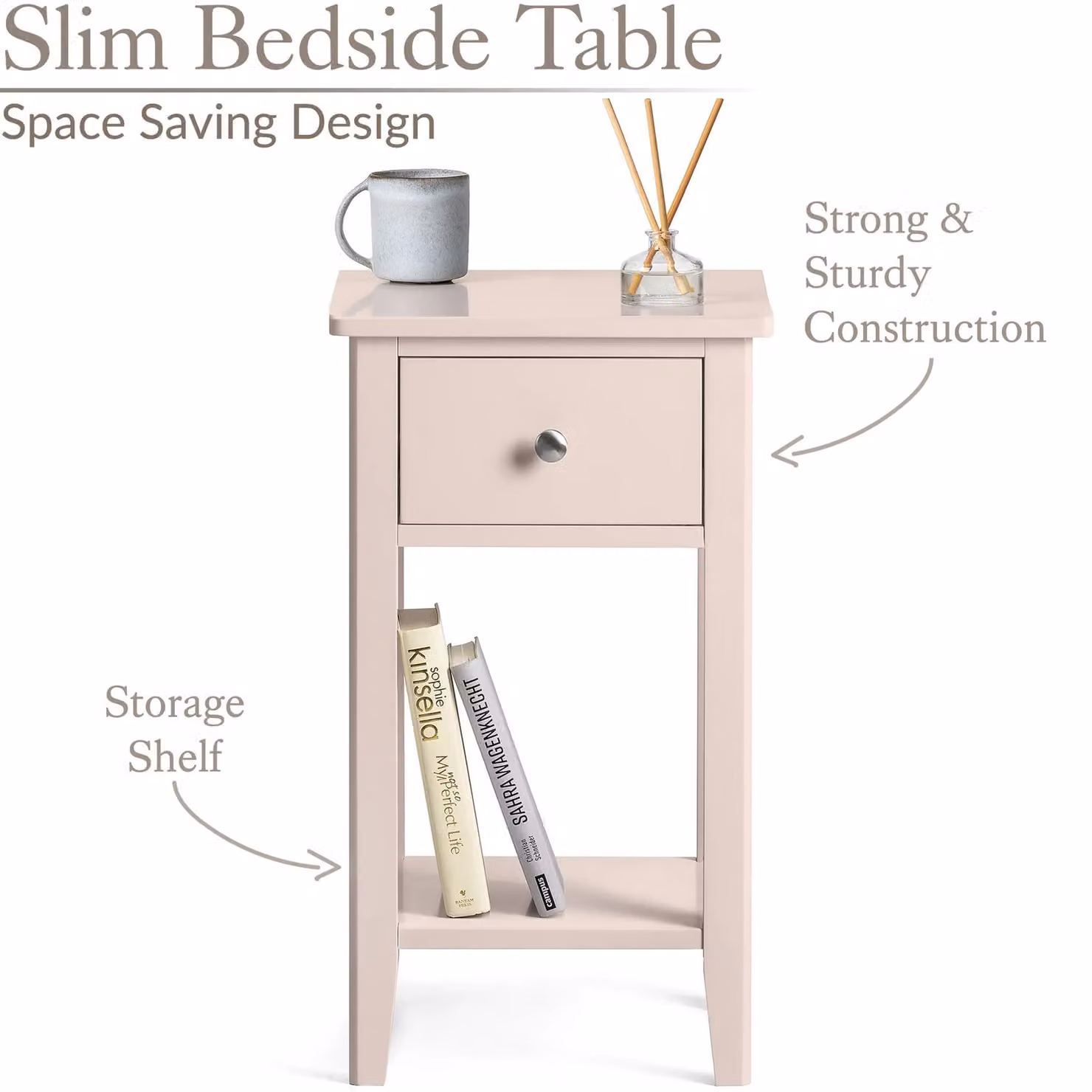 Christow Pink Slim Bedside Table with One Drawer and Storage Shelf – 2