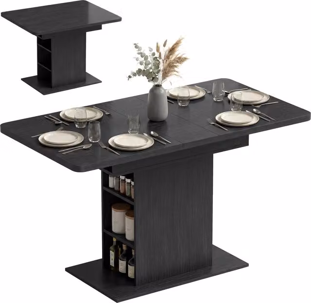 HOMCOM Extendable Black Dining Table for 4-6 People with Integrated Shelves