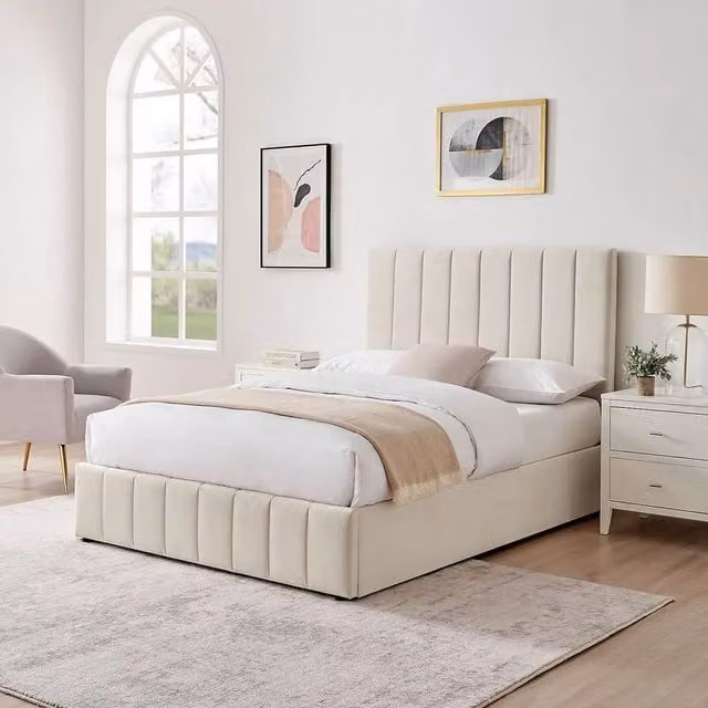 Modish Furnishing Leo Double Ottoman Storage Bed in Cream Plush Velvet, W: 140 cm, D: 200 cm