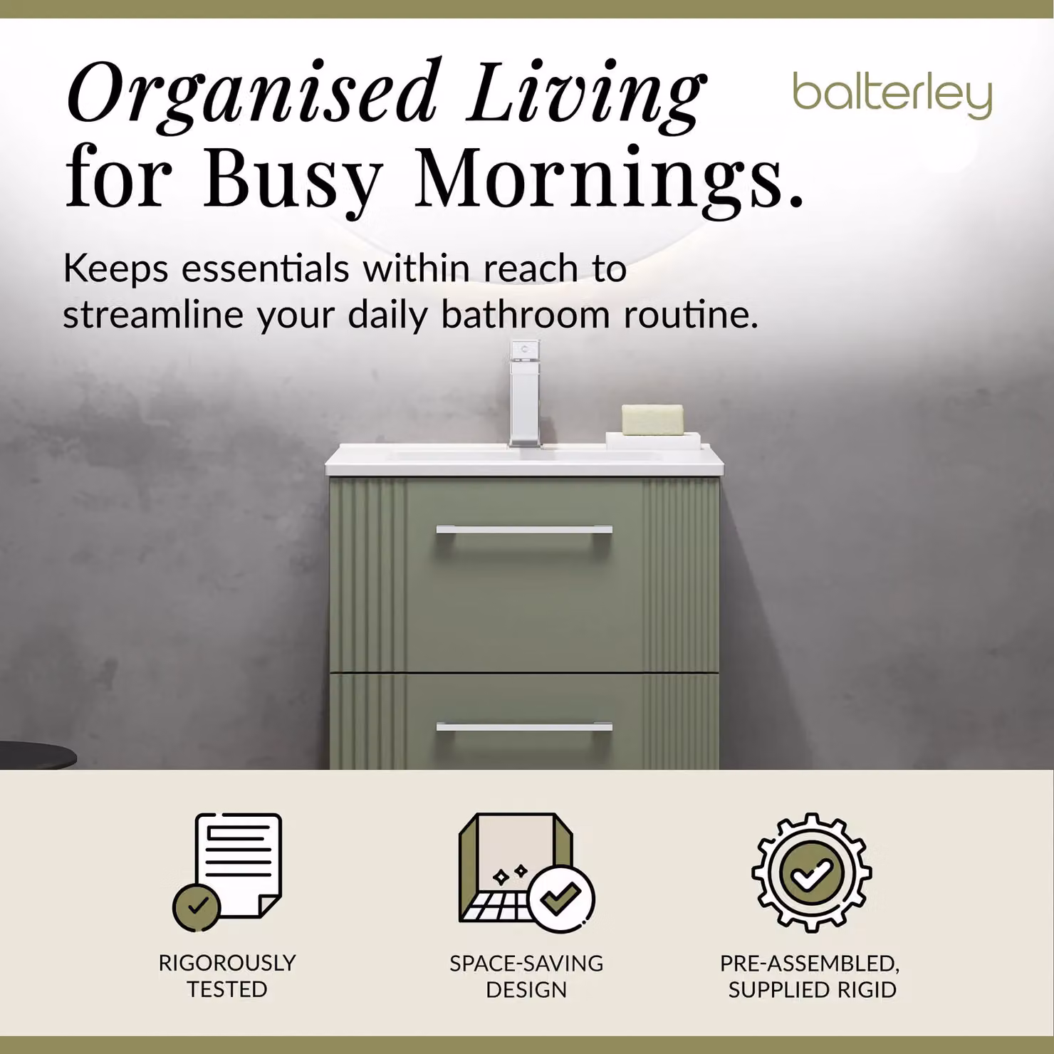 Balterley Wall Hung 2 Drawer Vanity Unit with Minimalist Basin, Satin Green – 2