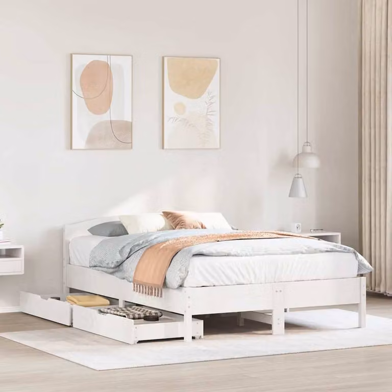 Berkfield Home White Solid Wood Pine King Size Bed Frame with Drawers W: 150 cm, D: 200 cm