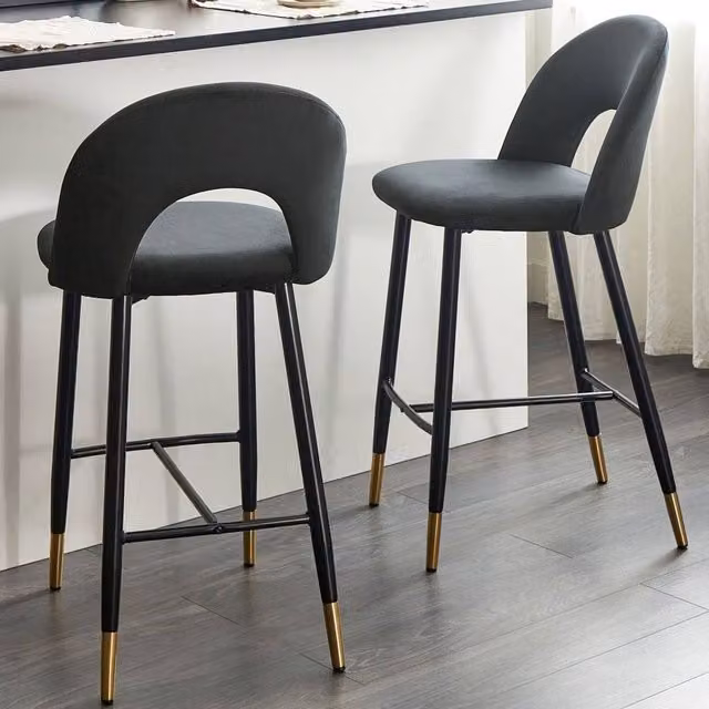 Wyld and Coco Black Velvet Bar Chairs 2-Pack with Gold-Ended Steel Legs – 1