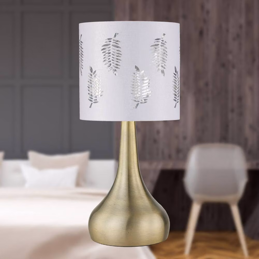 First Choice Lighting Romana Antique Brass Touch Table Lamp with White Fabric Fern Shade in Bronze – 3