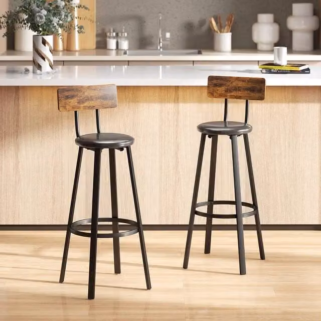 EONLION Set of 2 Industrial Bar Stools in Black Synthetic Leather and Metal – 1