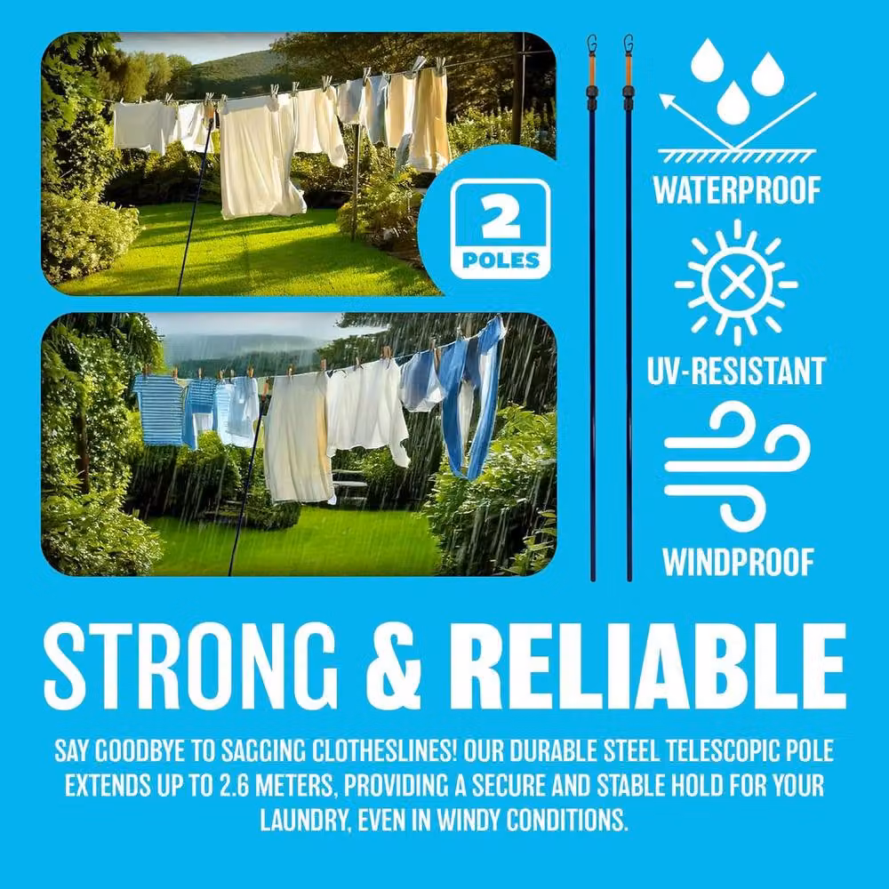 BARGAINS-GALORE Set of 2 Heavy Duty Steel Telescopic Wash Line Poles, Multicolour, Height: 260 cm – 3
