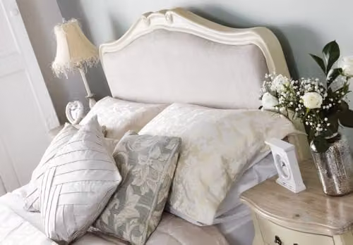 Statement Furniture Juliette Double Bed Frame in Champagne, French Style Solid Wood Bed with Upholstered Headboard, W/D/H: 140 x 200 x 148 cm – 2