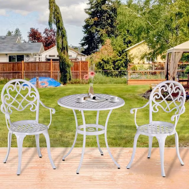 Outsunny Modern White Metal Garden Bistro Set with Round Table and Three Chairs