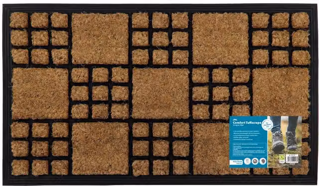 JVL Checked Coir and Rubber Backed Tuffscrape Doormat, Brown, W: 40 cm, D: 70 cm