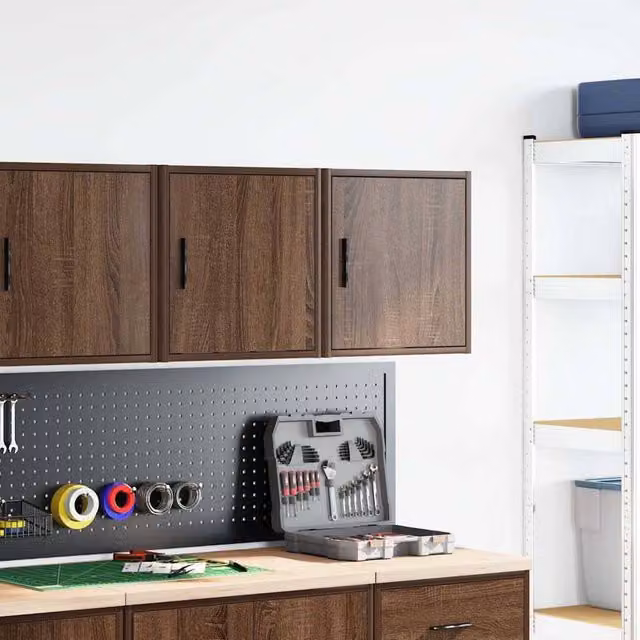Berkfield Home Durable Garage Wall Cabinets, 2 Piece Set in Brown Oak Engineered Wood – 1
