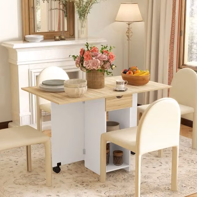 HOMCOM Foldable Drop Leaf Dining Table with Storage in White