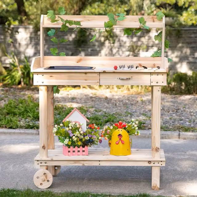 Outsunny Brown Wooden Garden Potting Bench Table and Work Station