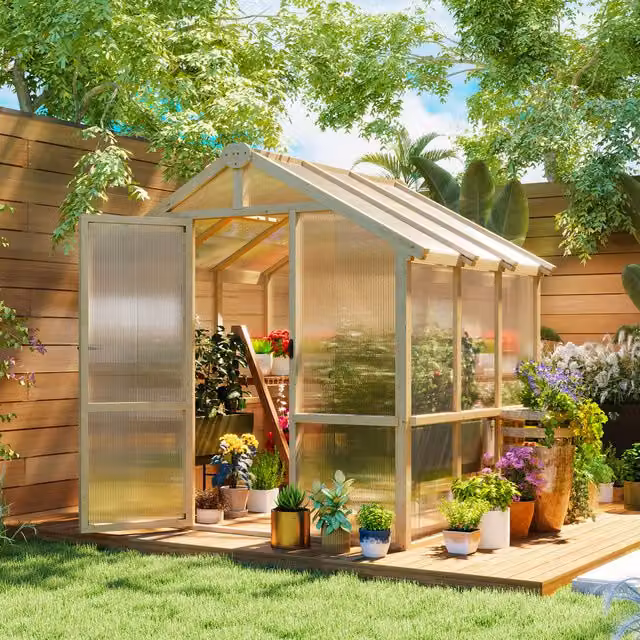 Outsunny Brown Wooden Frame Polycarbonate Freestanding Greenhouse with Gable Window