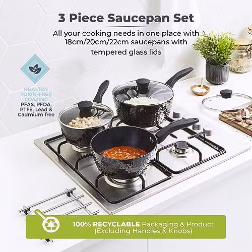 Tower Diamo 3 Piece Black Ceramic Non-Stick Saucepan Set with Glass Lids – 3