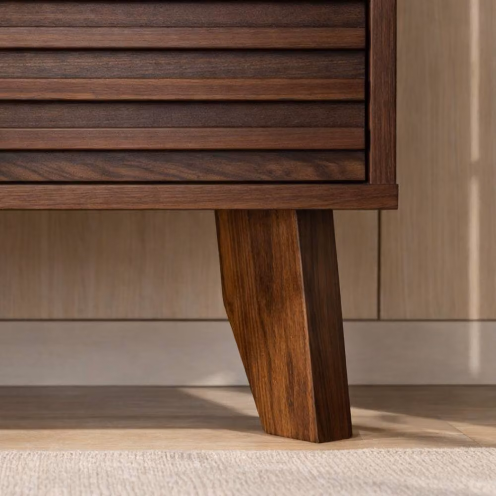 CALICOSY Modern TV Unit with Sliding Doors and Grooved Wood-Effect Fronts in Brown, W: 135 cm, D: 39 cm, H: 51.5 cm – 4