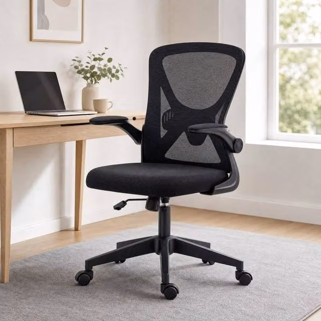 STILVORA Black Mesh Task Chair with Flip-Up Arms and Castors – 1