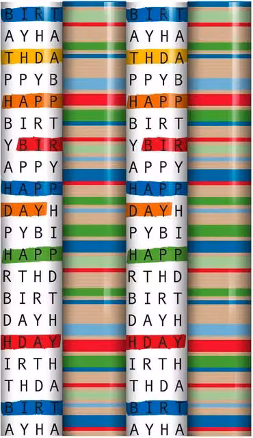 4 Rolls of Multicoloured Birthday Wrapping Paper with 2 Designs