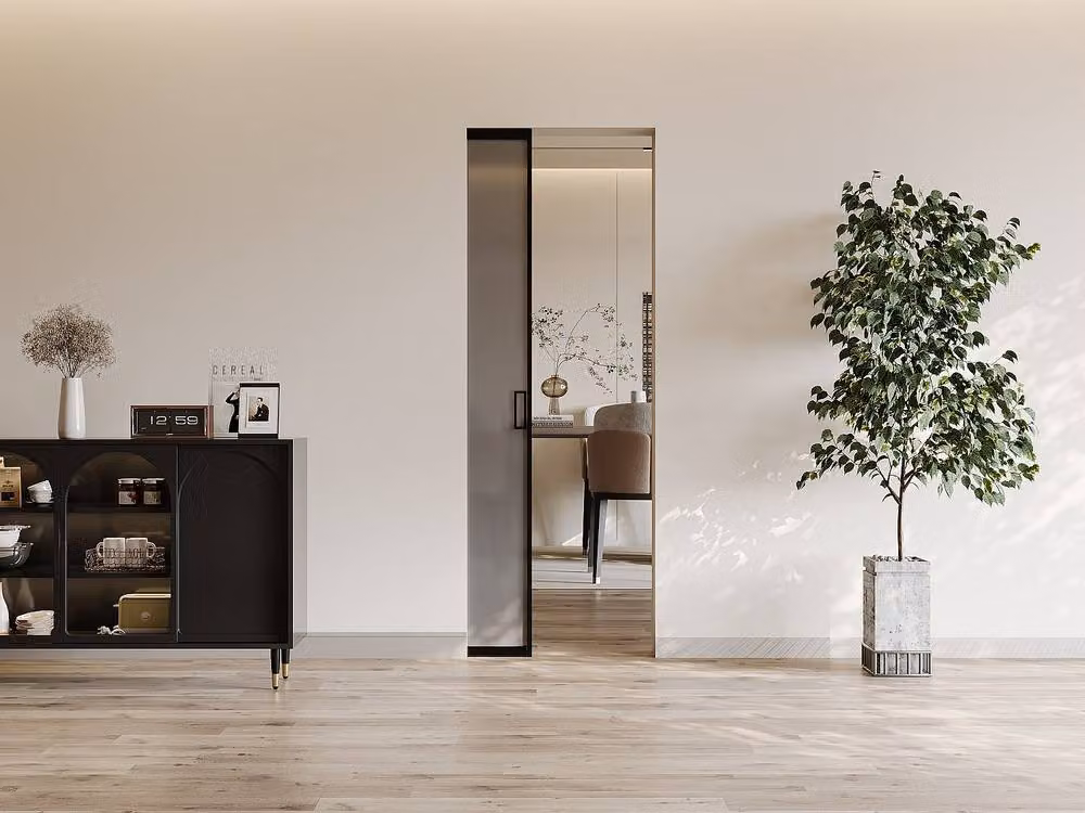Vente-unique Modern Black Sliding Pocket Door System with Smoked Tempered Glass and Aluminium Frame – 2