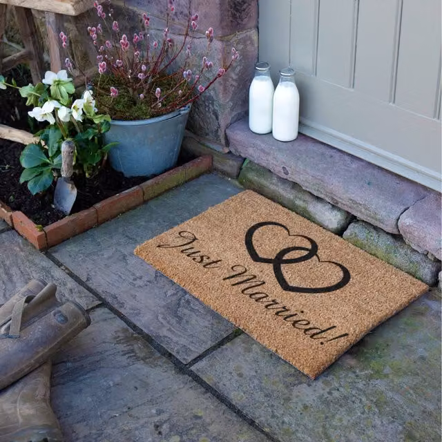 Artsy Mats Just Married Brown Coir and Natural Rubber Non-Slip Weatherproof Doormat