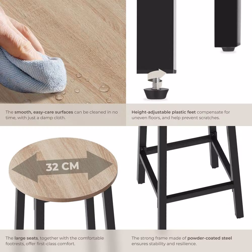 tectake Corby Set of 2 Industrial Bar Stools with Oak Wood Seats and Black Metal Frames – 6
