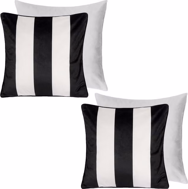 OHS Pack of 2 Square Striped Velvet Filled Cushions in White and Black