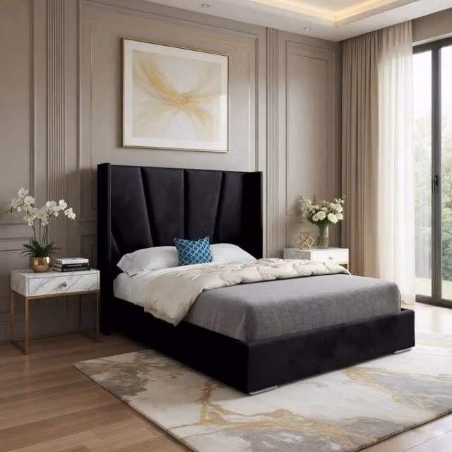 KDMD Godmanchester Wide Curved Designer Bed Frame in Black Soft Velvet, W/D/H: 140 x 200 cm