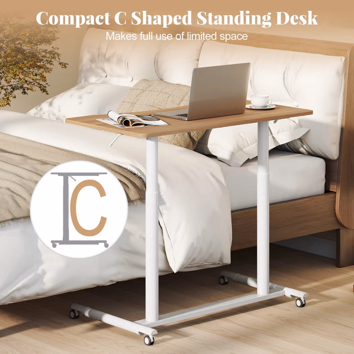 Costway C-Shaped Mobile Standing Desk with Adjustable Height and Castors in Beige – 5