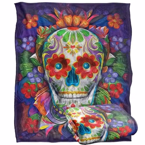 JQ Licensing James Piazza Colorful Sugar Skull Super Soft Fleece Throw Blanket, Multicolour and White, W/D/H: 152 x 127 cm