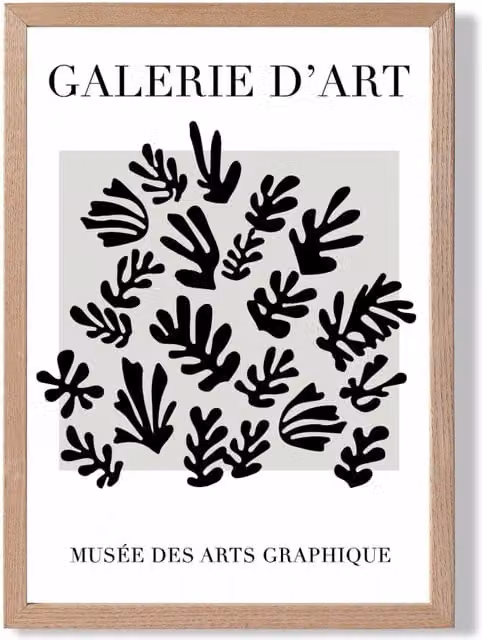 ARTZE Matisse Floral Cutout Framed Print in Grey, Black and White with Oak Wood Frame, A2 Size