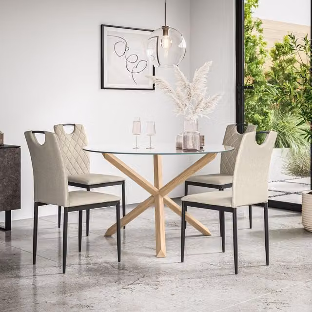 More4Homes Malvern Round Dining Table and 4 Monza Fabric Chairs Set, Clear Glass Top with Solid Oak Legs, Beige – 1
