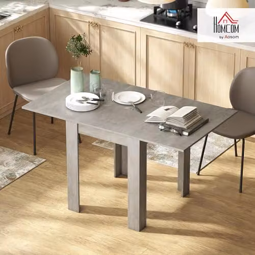 HOMCOM Modern Rectangular Folding Dining Table with Drop Leaf for 4-6 Adults, Grey, W/D/H: 140 x 80 x 77.5 cm – 2
