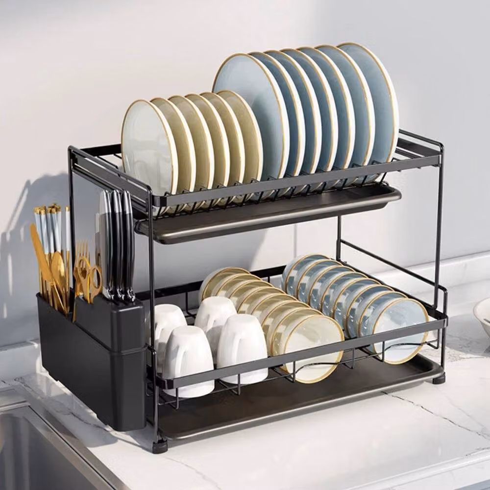 KORVIXA 2 Tier Dish Drainer Rack with Drip Tray, Black, W: 100 cm, D: 100 cm, H: 36 cm – 3