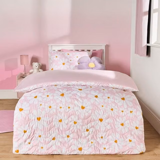 OHS Pink and White Floral Daisy Print Childrens Duvet Cover Set