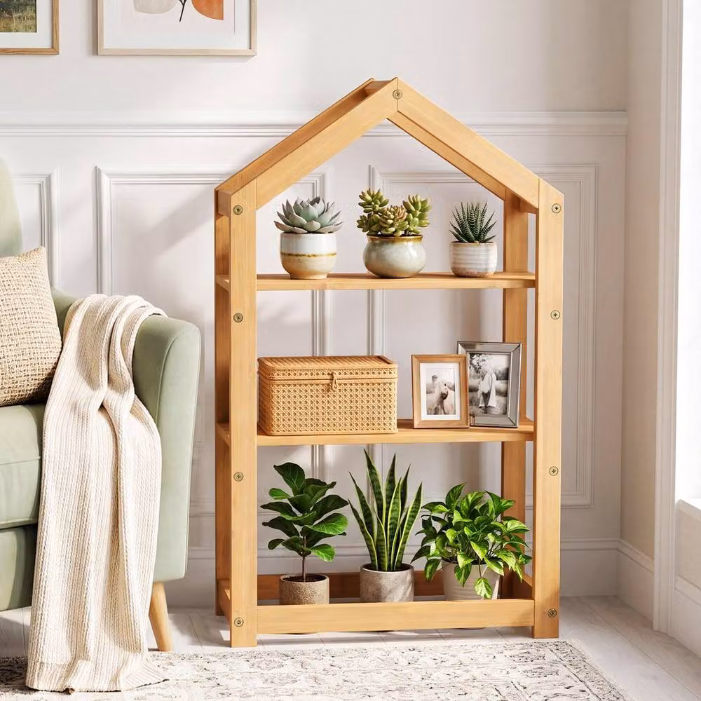 KORVIXA 2-Tier Acacia Wood Corner Plant Stand, House-Shaped Flower Shelf in Brown or Sand, H 75 cm – 3